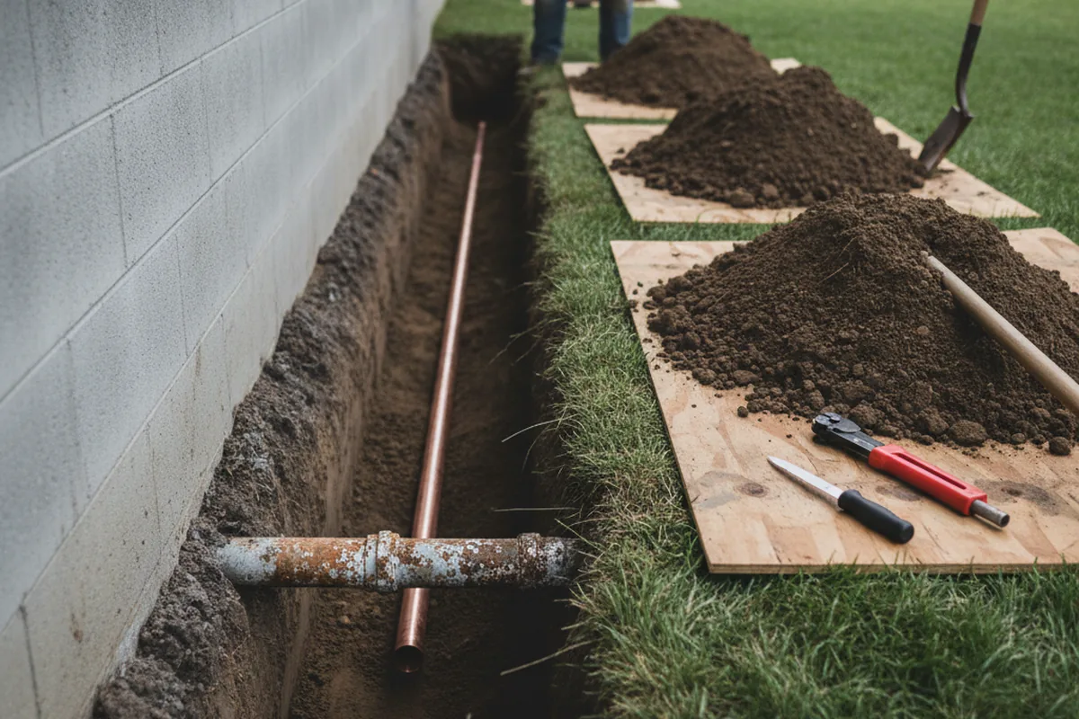 Excavated water line trench during Water Heater Repair in Eddy